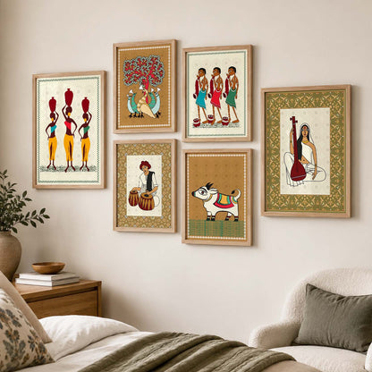 Traditional Indian Prints with Frame for Living Room Bedroom Home and Office Wall Decor Set of 6