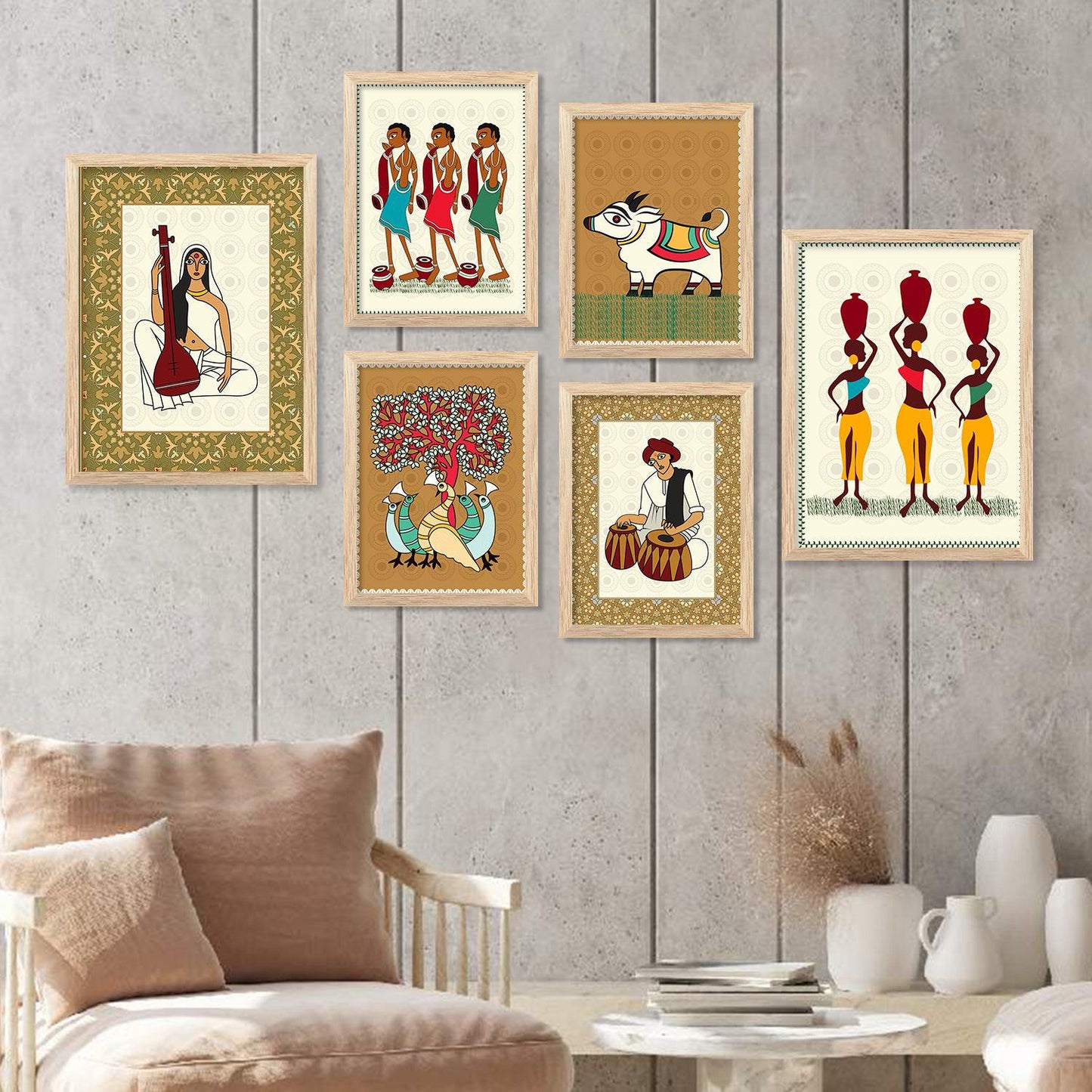 Traditional Indian Prints with Frame for Living Room Bedroom Home and Office Wall Decor Set of 6