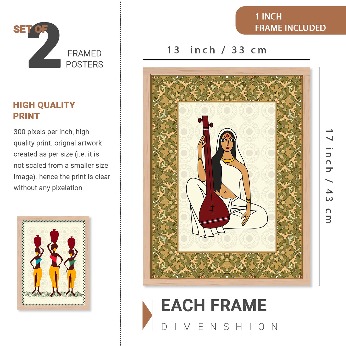 Traditional Indian Prints with Frame for Living Room Bedroom Home and Office Wall Decor Set of 6