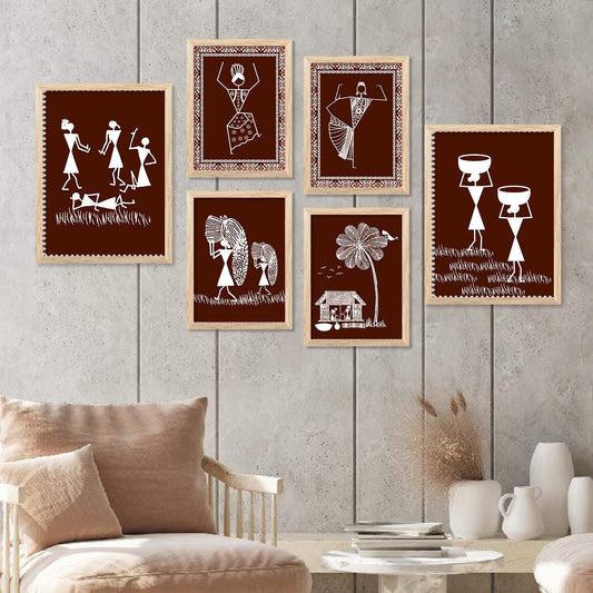 Traditional Indian Prints with Frame for Living Room Bedroom Home and Office Wall Decor Set of 6