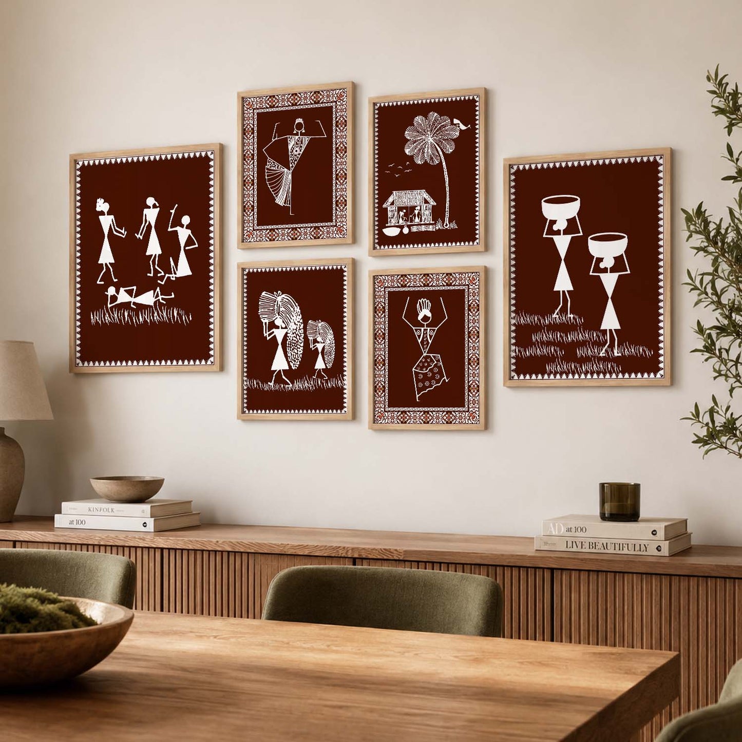 Traditional Indian Prints with Frame for Living Room Bedroom Home and Office Wall Decor Set of 6