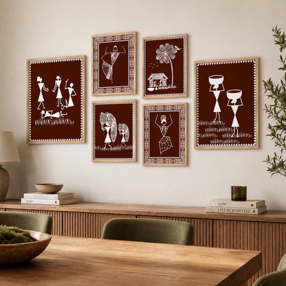 Traditional Indian Prints with Frame for Living Room Bedroom Home and Office Wall Decor Set of 6