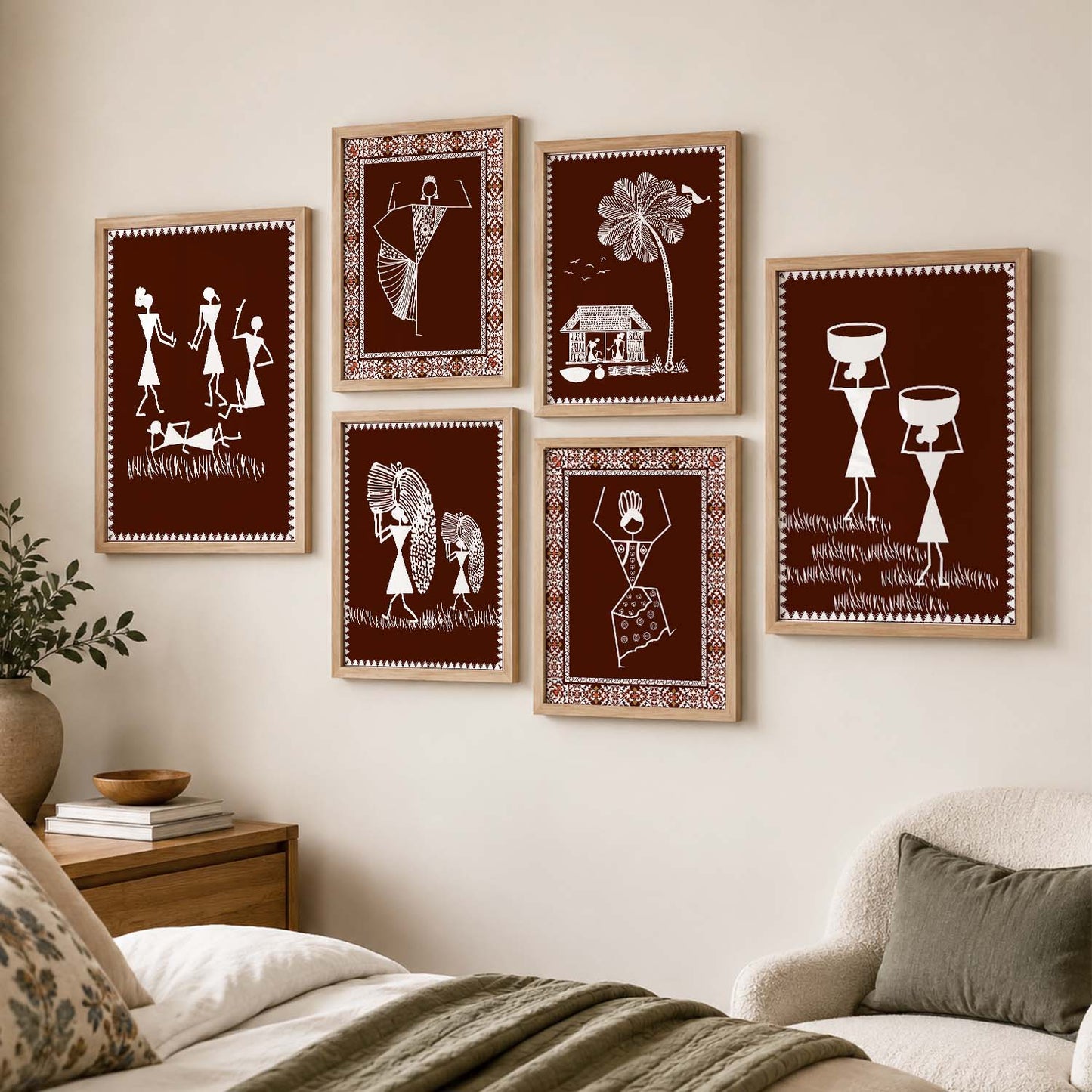 Traditional Indian Prints with Frame for Living Room Bedroom Home and Office Wall Decor Set of 6