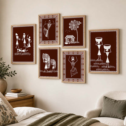 Traditional Indian Prints with Frame for Living Room Bedroom Home and Office Wall Decor Set of 6