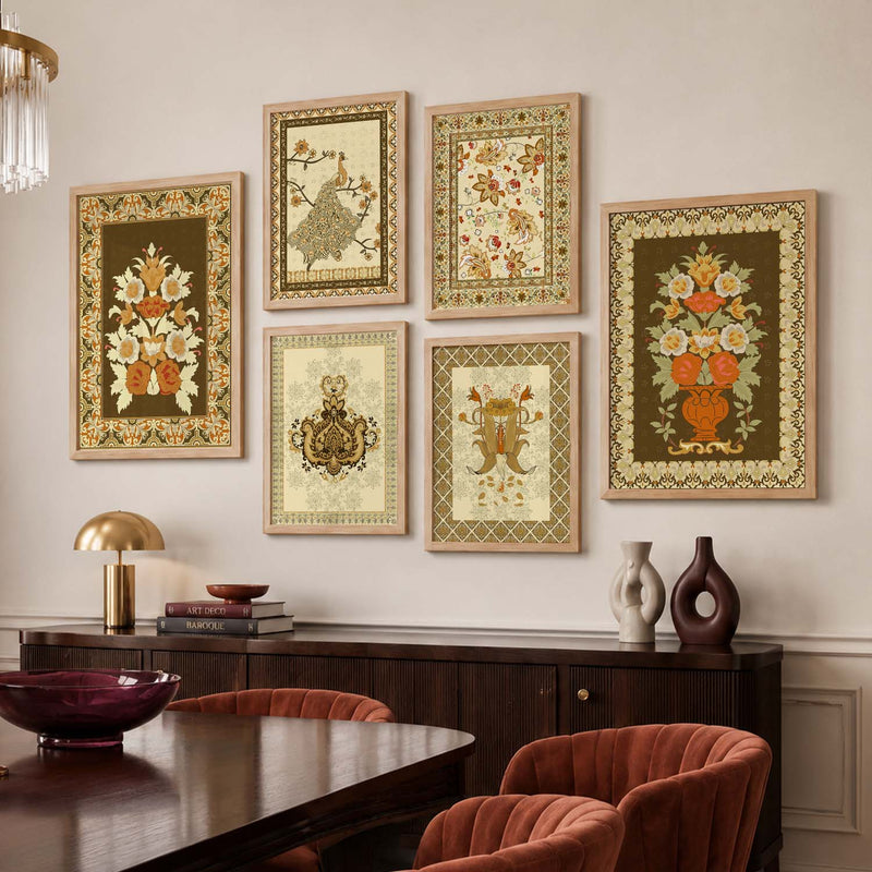Traditional Indian Prints with Frame for Living Room Bedroom Home and Office Wall Decor Set of 6