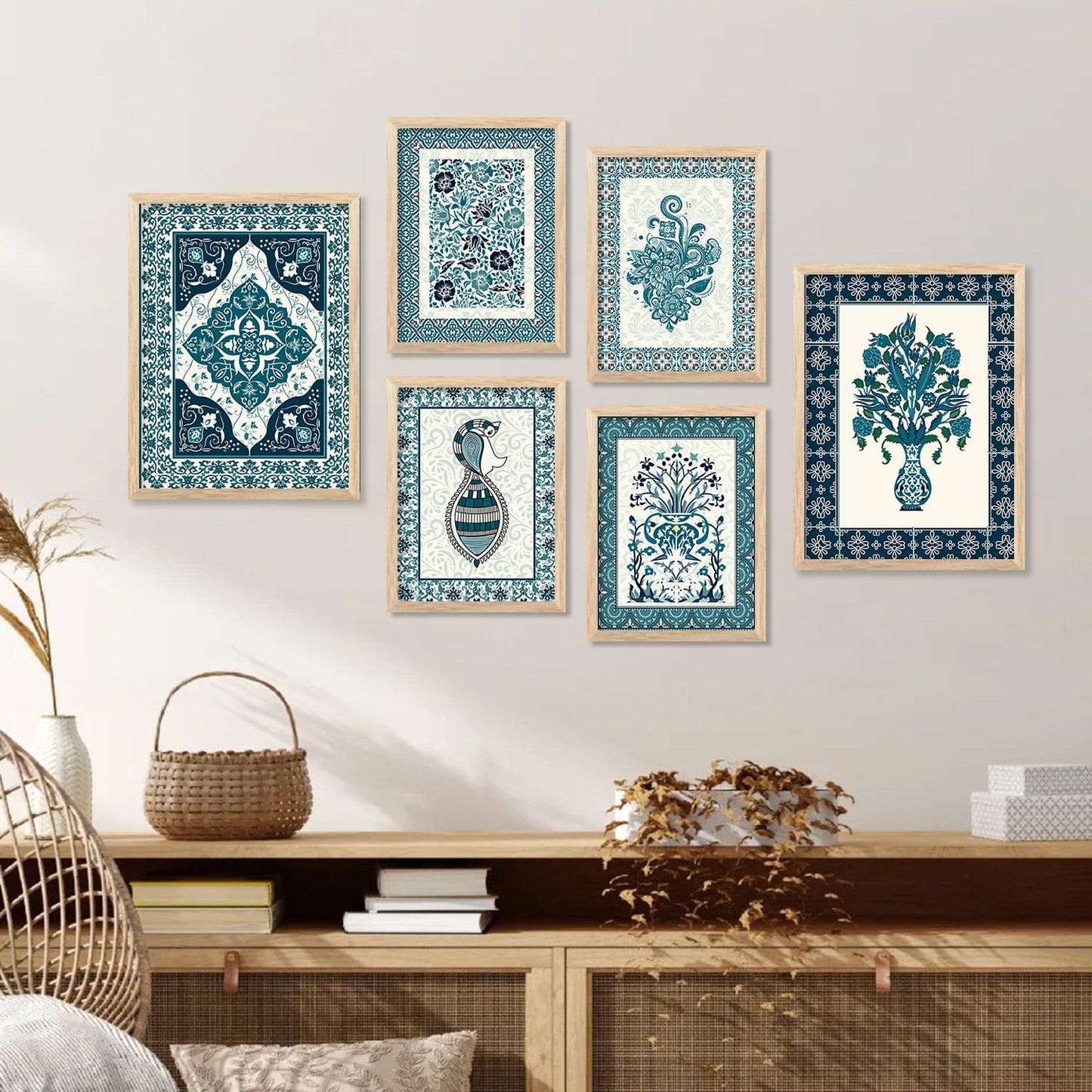 Traditional Indian Prints with Frame for Living Room Bedroom Home and Office Wall Decor Set of 6