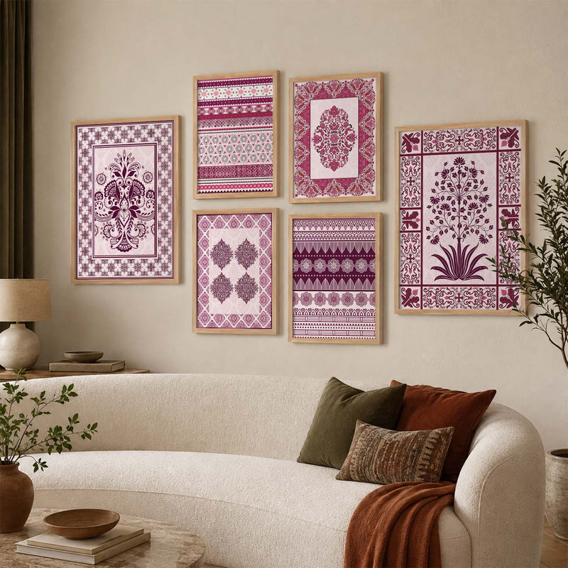 Traditional Indian Prints with Frame for Living Room Bedroom Home and Office Wall Decor Set of 6