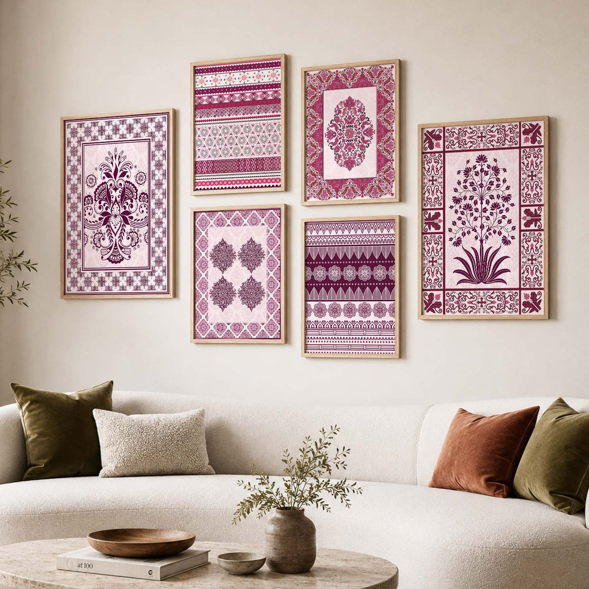 Traditional Indian Prints with Frame for Living Room Bedroom Home and Office Wall Decor Set of 6