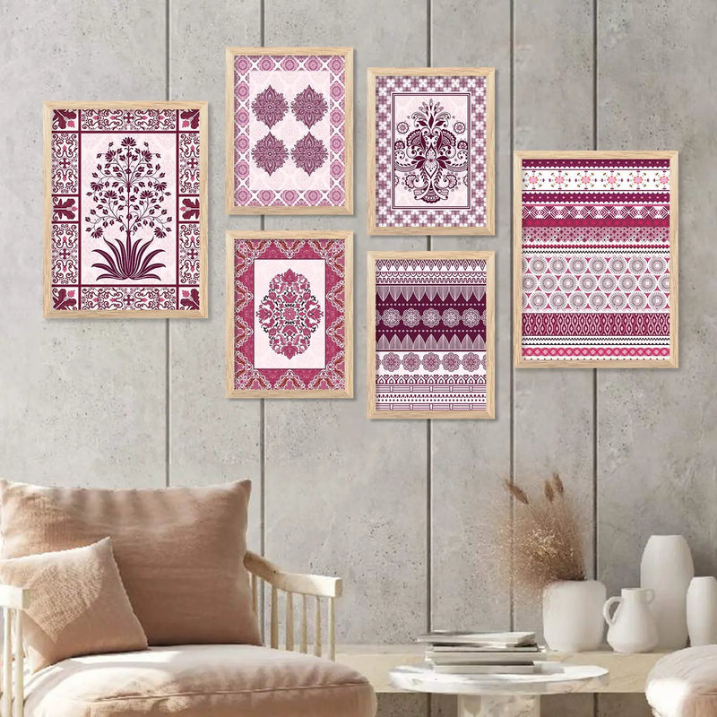 Traditional Indian Prints with Frame for Living Room Bedroom Home and Office Wall Decor Set of 6