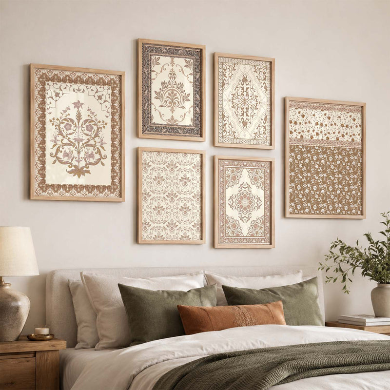 Traditional Indian Prints with Frame for Living Room Bedroom Home and Office Wall Decor Set of 6
