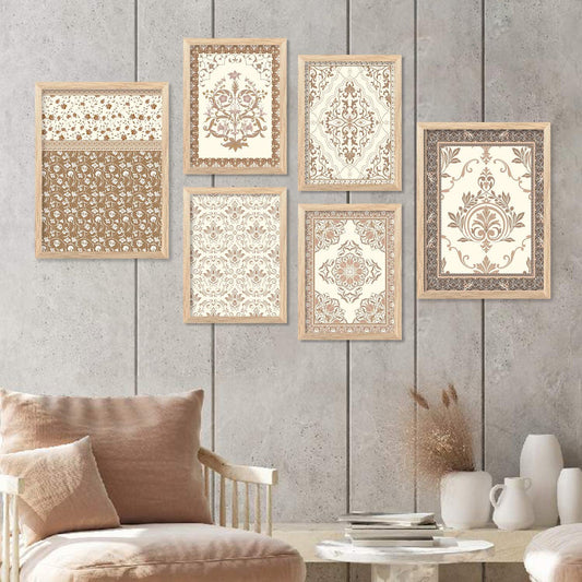 Traditional Indian Prints with Frame for Living Room Bedroom Home and Office Wall Decor Set of 6