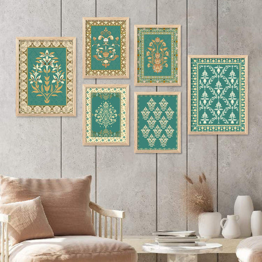 Traditional Indian Prints with Frame for Living Room Bedroom Home and Office Wall Decor Set of 6