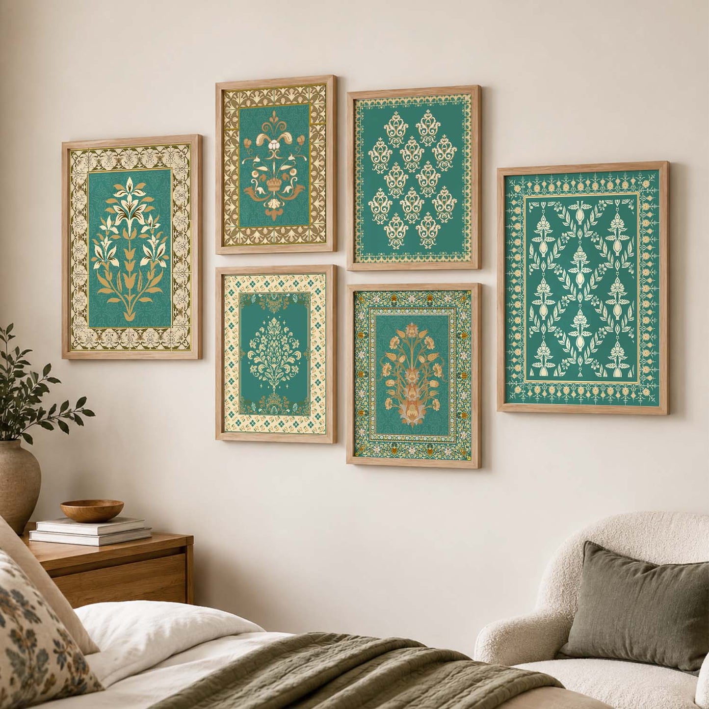 Traditional Indian Prints with Frame for Living Room Bedroom Home and Office Wall Decor Set of 6