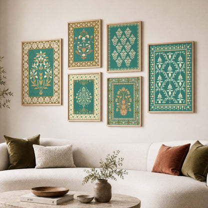 Traditional Indian Prints with Frame for Living Room Bedroom Home and Office Wall Decor Set of 6