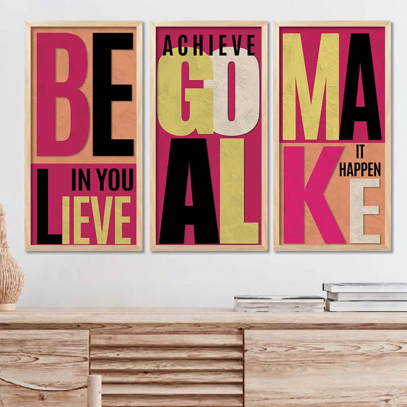 Dream Big Focus and Discipline Modern Typography Motivational Quotes Wall Art Set of 3 Framed Prints
