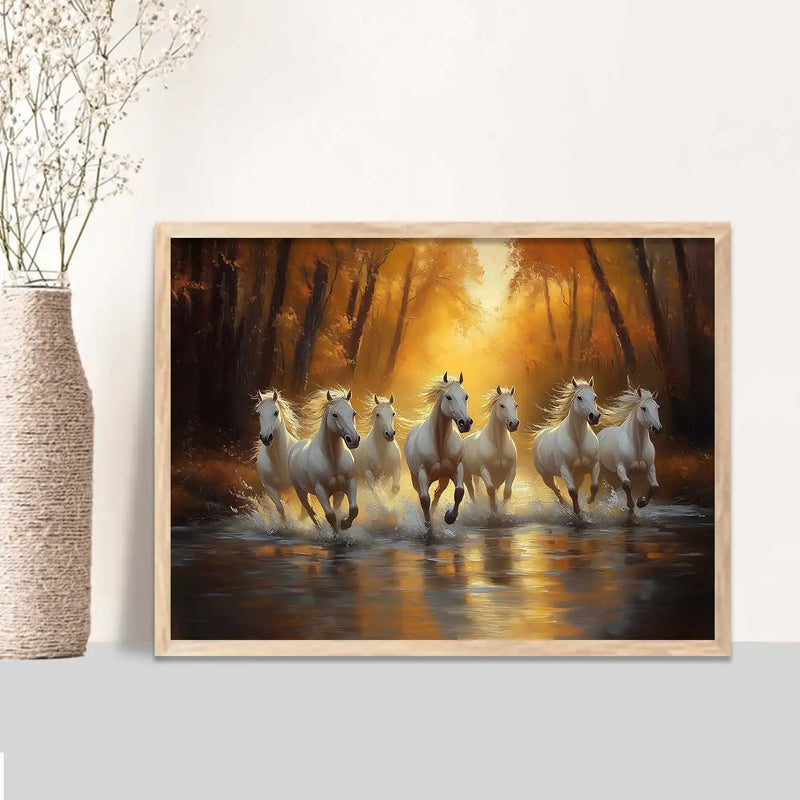 Seven  Running  Vastu Lucky Horse Theme Wall Posters with Frame