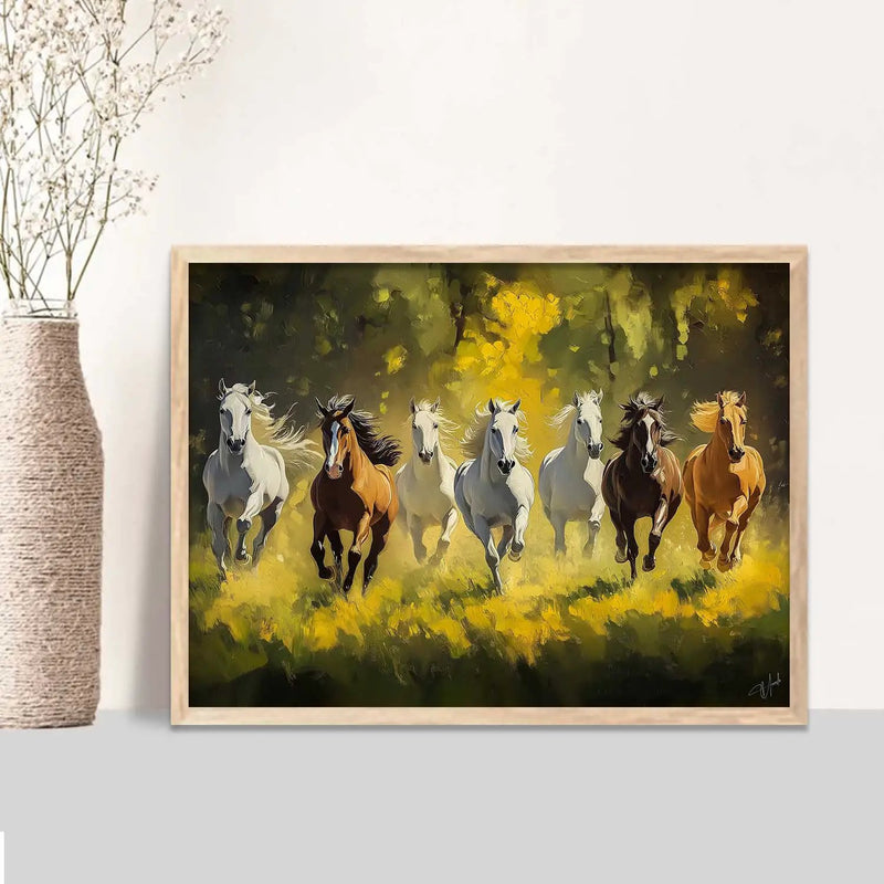 Seven  Running  Vastu  Lucky  Horse Theme Wall Posters with Frame