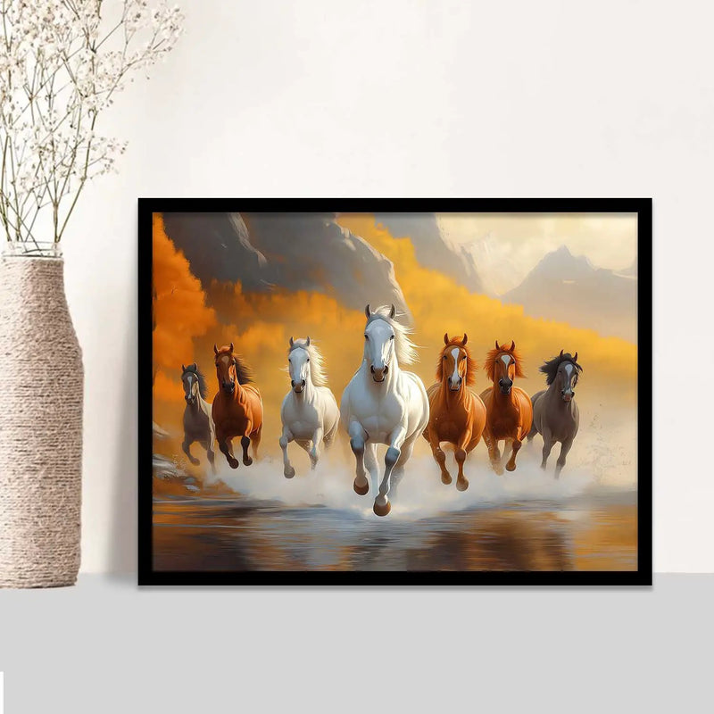 Seven   Running  Vastu  Lucky  Horse Theme Wall Posters with Frame