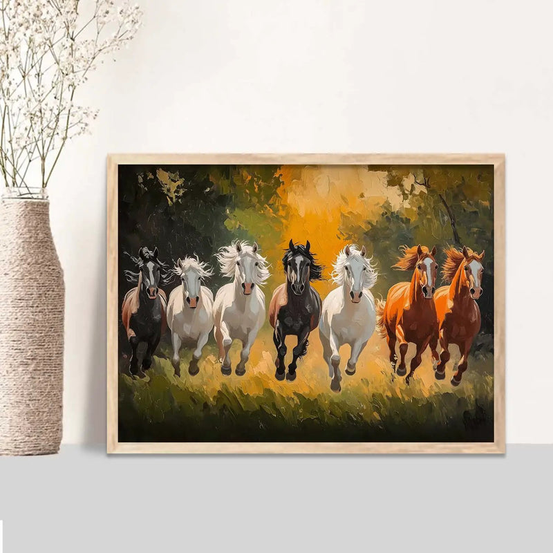 Seven  Running   Vastu  Lucky  Horse Theme Wall Posters with Frame