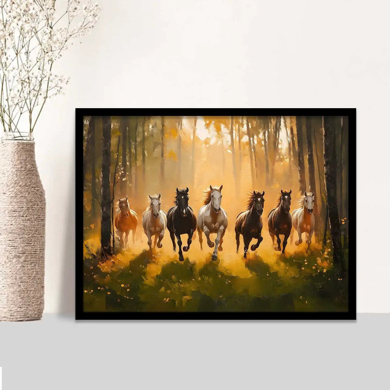 Seven  Running   Vastu  Lucky  Horse Theme Wall Posters with Frame
