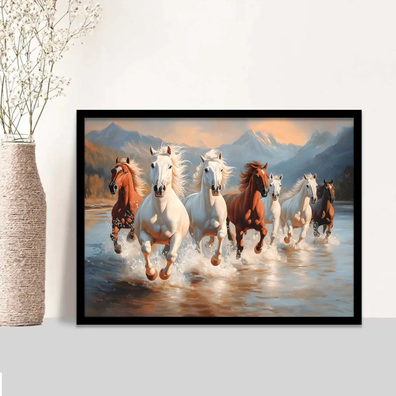 Seven  Running Vastu  Lucky  Horse Theme Wall Posters with Frame