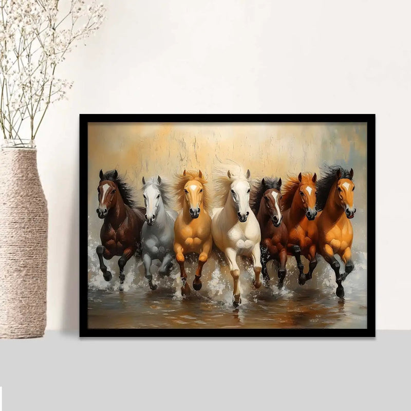 Seven   Running Vastu  Lucky  Horse Theme Wall Posters with Frame