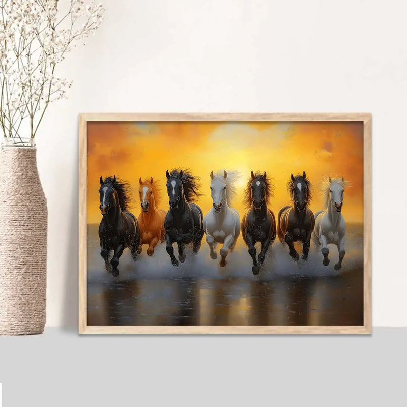 Seven  Running Vastu  Lucky  Horse Theme Wall Posters with Frame