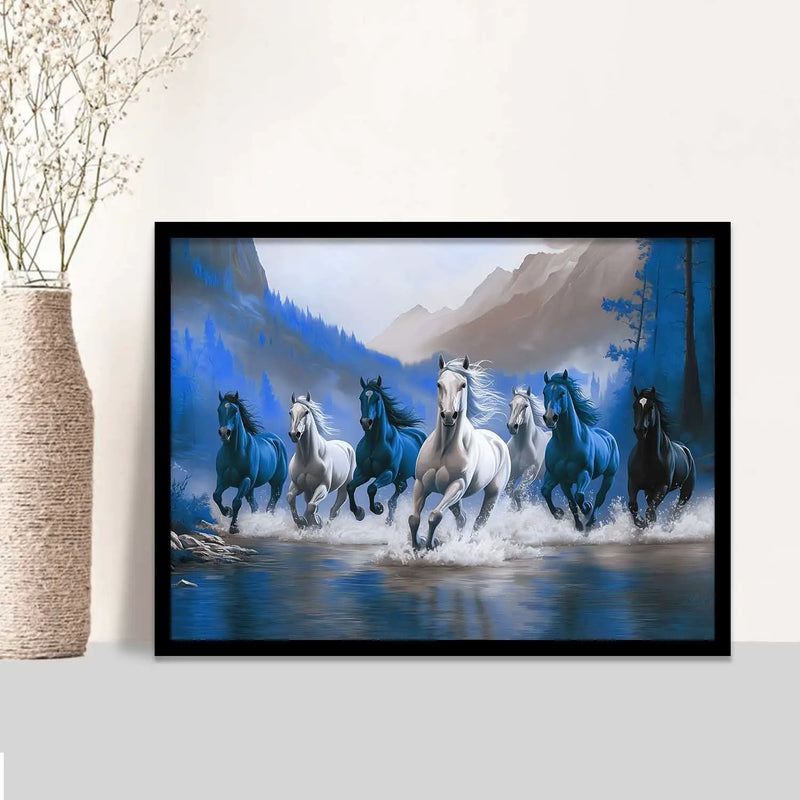 Seven  Running Vastu Lucky  Horse Theme Wall Posters with Frame