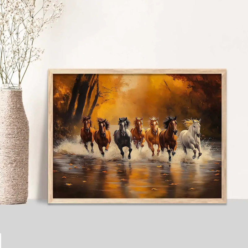 Seven  Running Vastu Lucky  Horse Theme Wall Posters with Frame