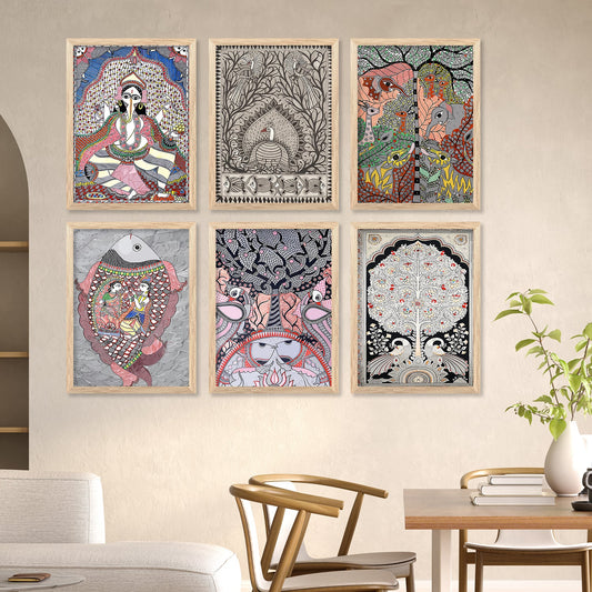 Traditional Indian Art Paintings with Frame for Living Room Bedroom Home and Office Wall Decor Set of 6-Kotart