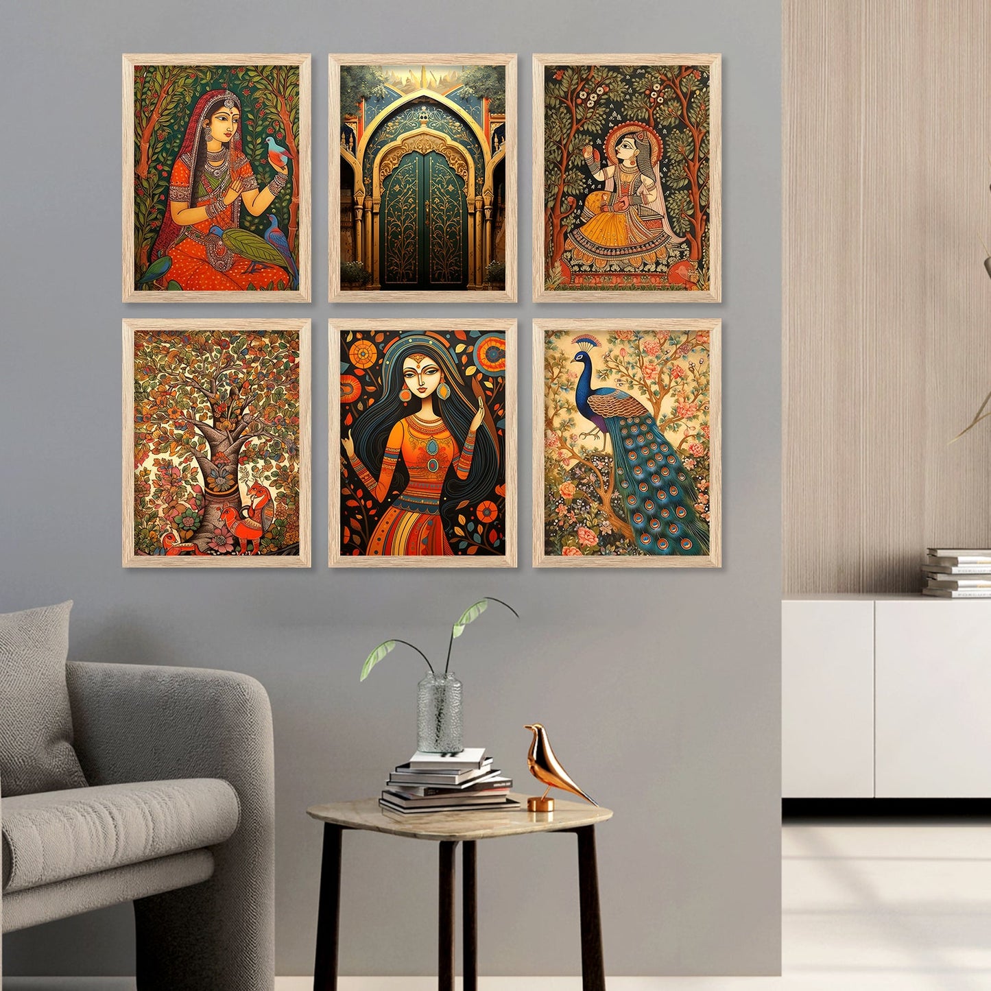 Traditional Indian Inspired Madhubani Art Paintings with Frame for Living Room Bedroom Home and Office Wall Decor Set of 6-Kotart