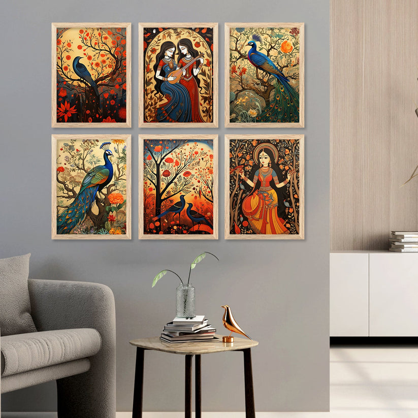 Traditional Indian Inspired Madhubani Art Prints with Frame for Living ...
