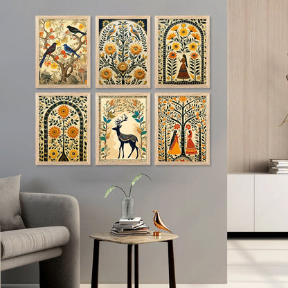 Traditional Indian Inspired Madhubani Art Paintings with Frame for Living Room Bedroom Home and Office Wall Decor Set of 6-Kotart