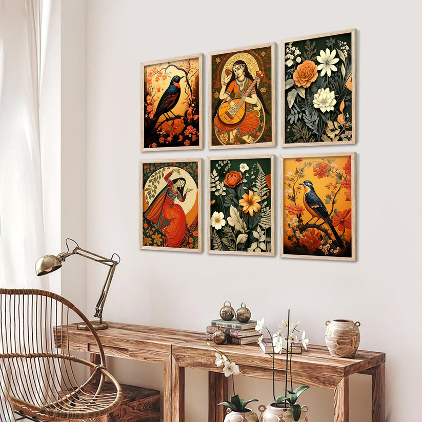 Traditional Indian Inspired Madhubani Art Prints with Frame for Living ...