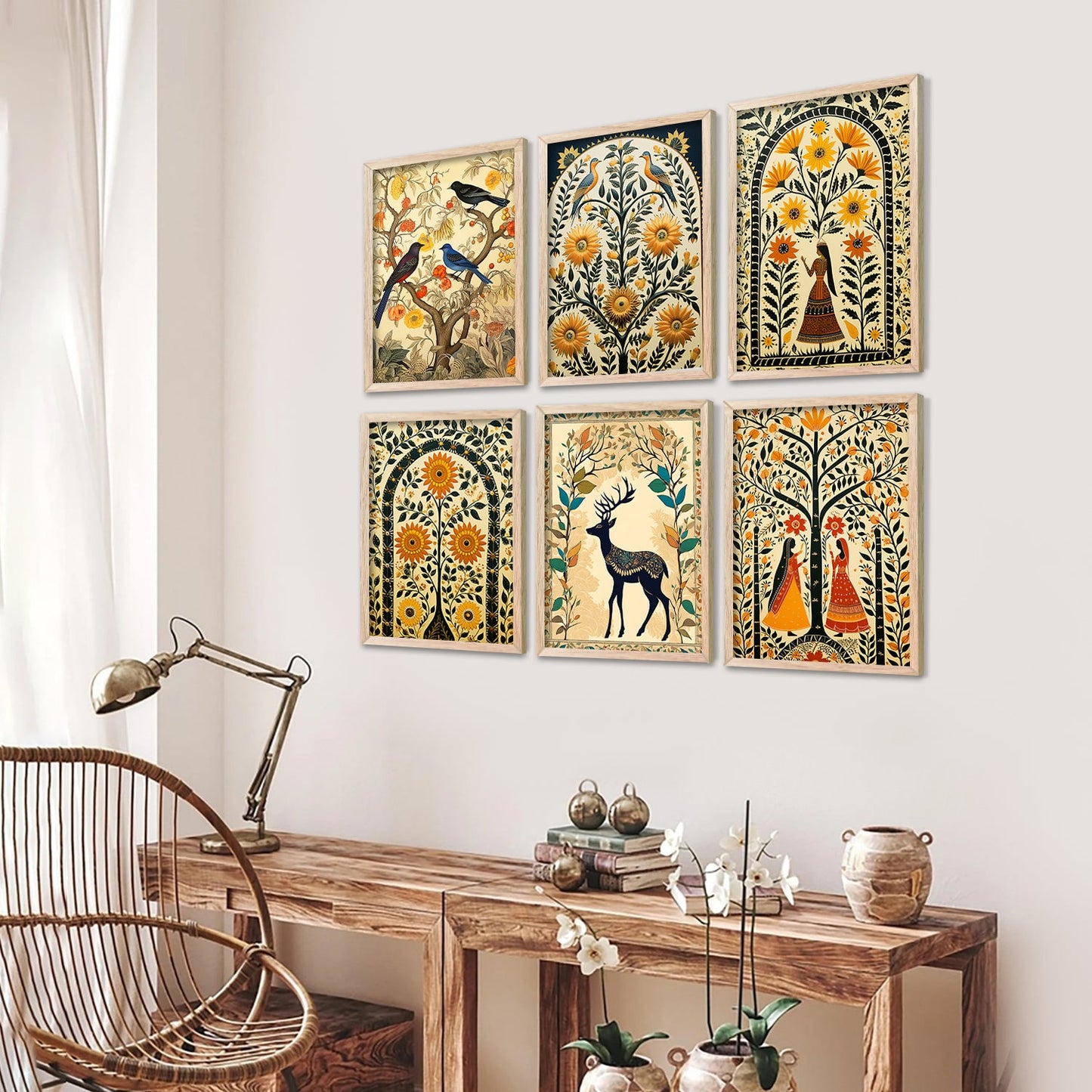 Traditional Indian Inspired Madhubani Art Paintings with Frame for Living Room Bedroom Home and Office Wall Decor Set of 6-Kotart