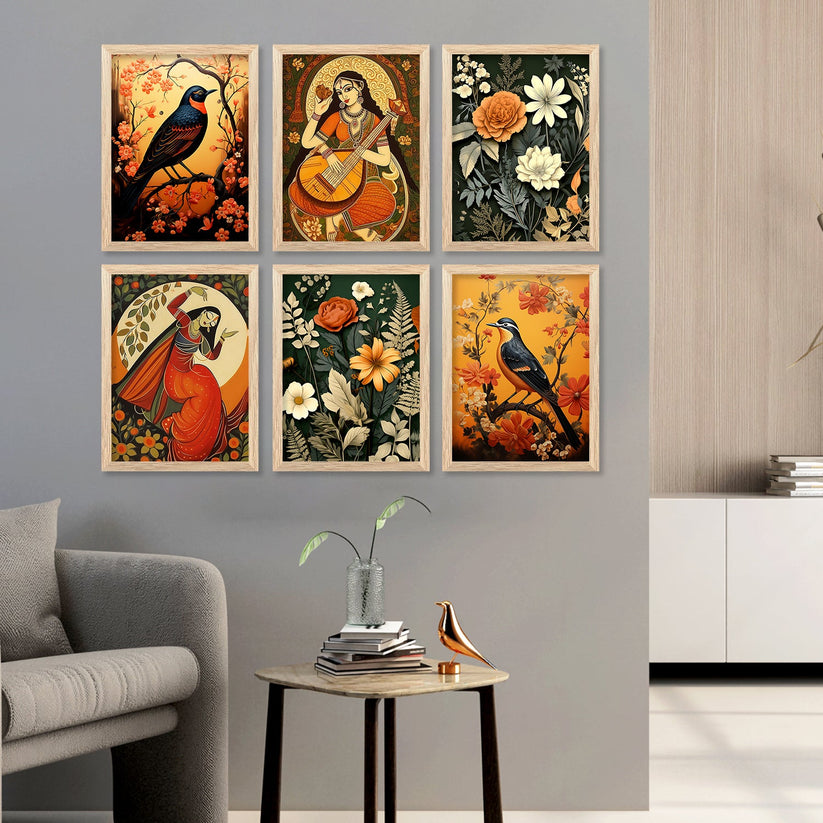 Traditional Indian Inspired Madhubani Art Prints with Frame for Living ...