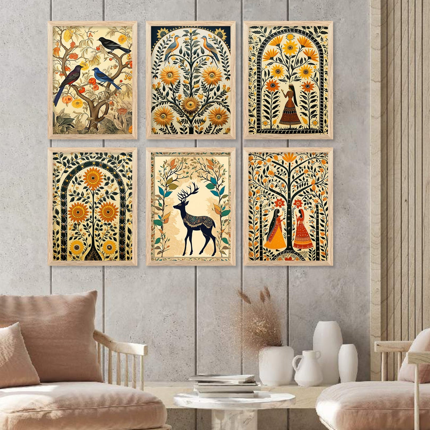 Traditional Indian Inspired Madhubani Art Paintings with Frame for Living Room Bedroom Home and Office Wall Decor Set of 6-Kotart