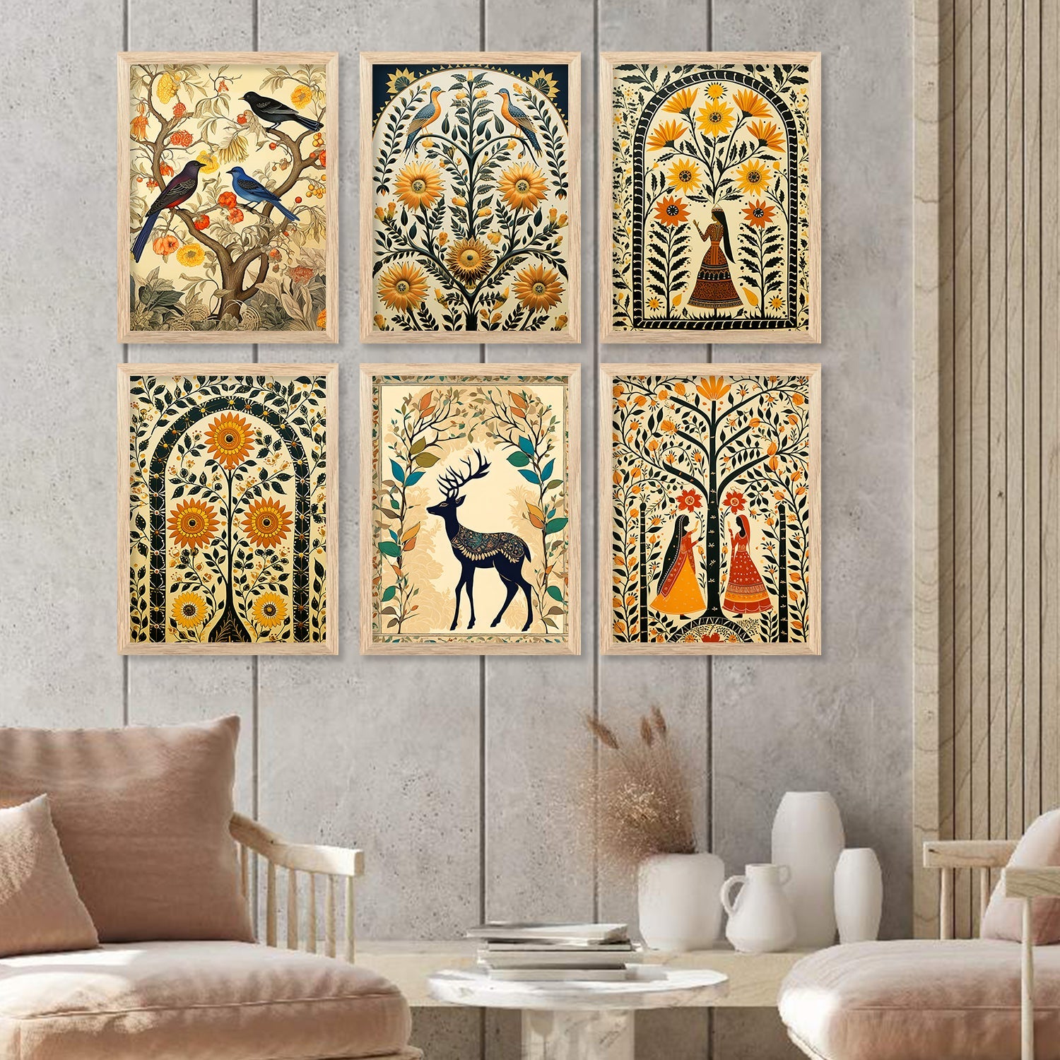 Traditional Indian Inspired Madhubani Art Paintings with Frame for Living Room Bedroom Home and Office Wall Decor Set of 6-Kotart