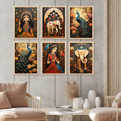 Traditional Indian Inspired Madhubani Art Paintings with Frame for Living Room Bedroom Home and Office Wall Decor Set of 6-Kotart