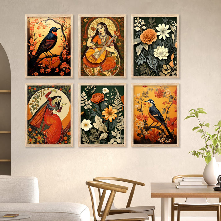 Traditional Indian Inspired Madhubani Art Prints with Frame for Living ...