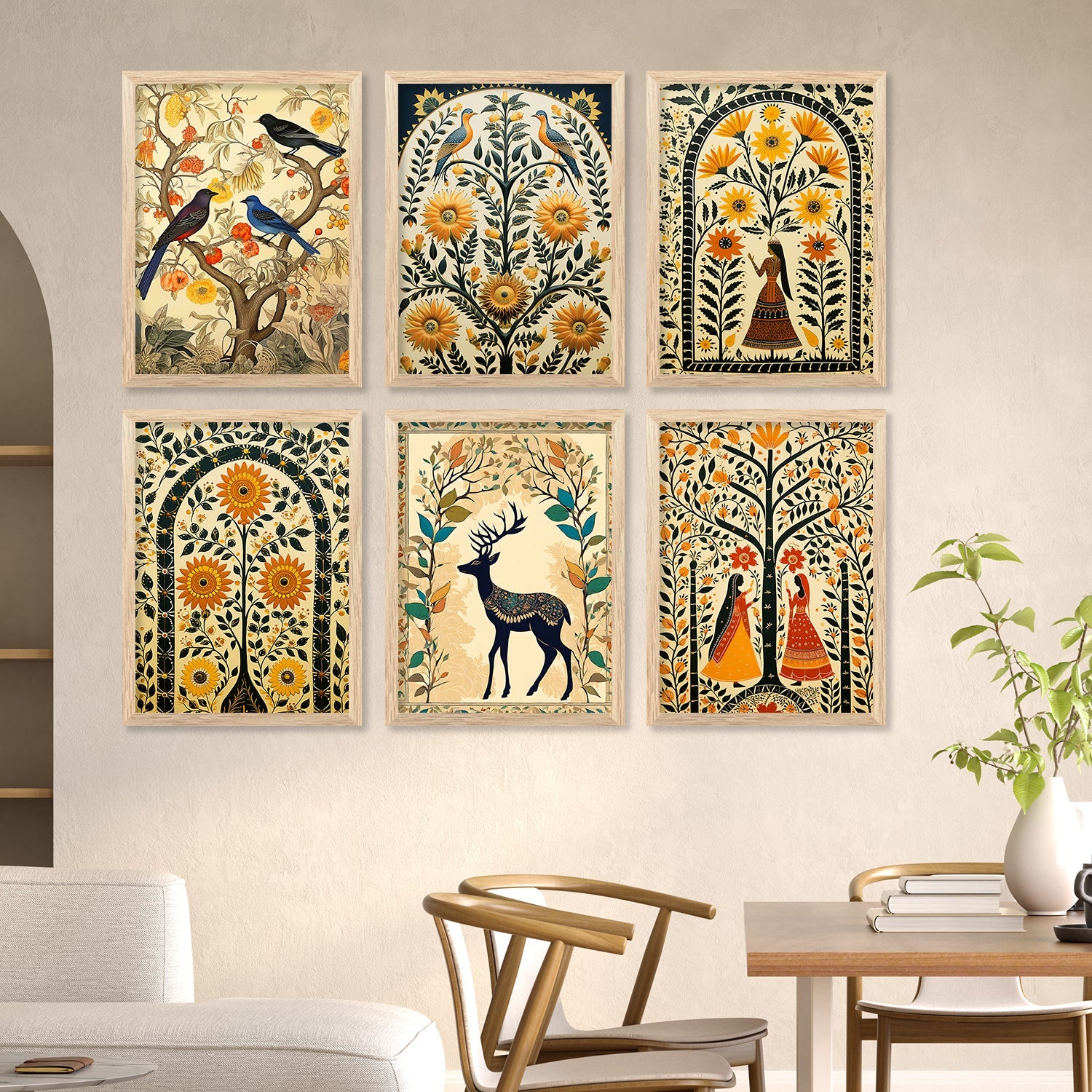 Traditional Indian Inspired Madhubani Art Paintings with Frame for Living Room Bedroom Home and Office Wall Decor Set of 6-Kotart