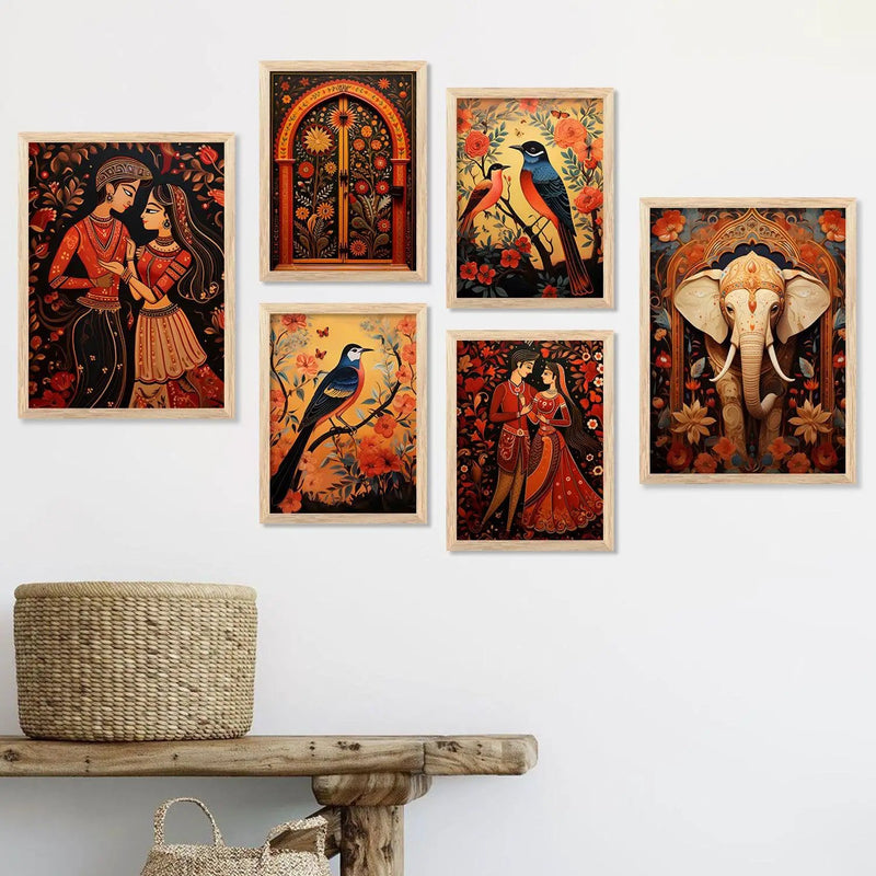 Traditional Indian Inspired Madhubani Art Paintings with Frame for Living Room Bedroom Home and Office Wall Decor Set of 6-Kotart