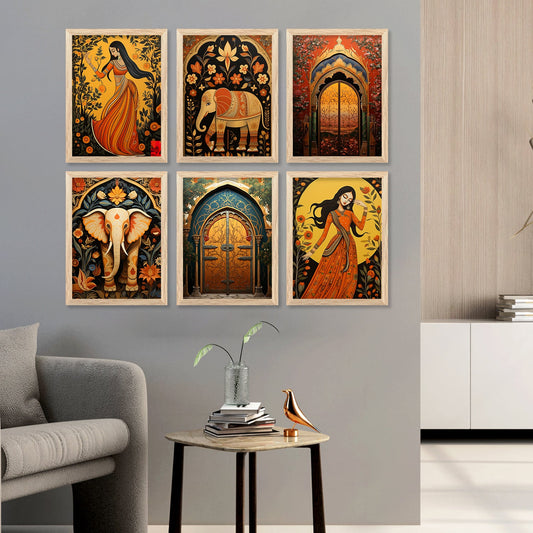 Traditional Indian Inspired Madhubani Art Paintings with Frame for Living Room Bedroom Home and Office Wall Decor Set of 6-Kotart