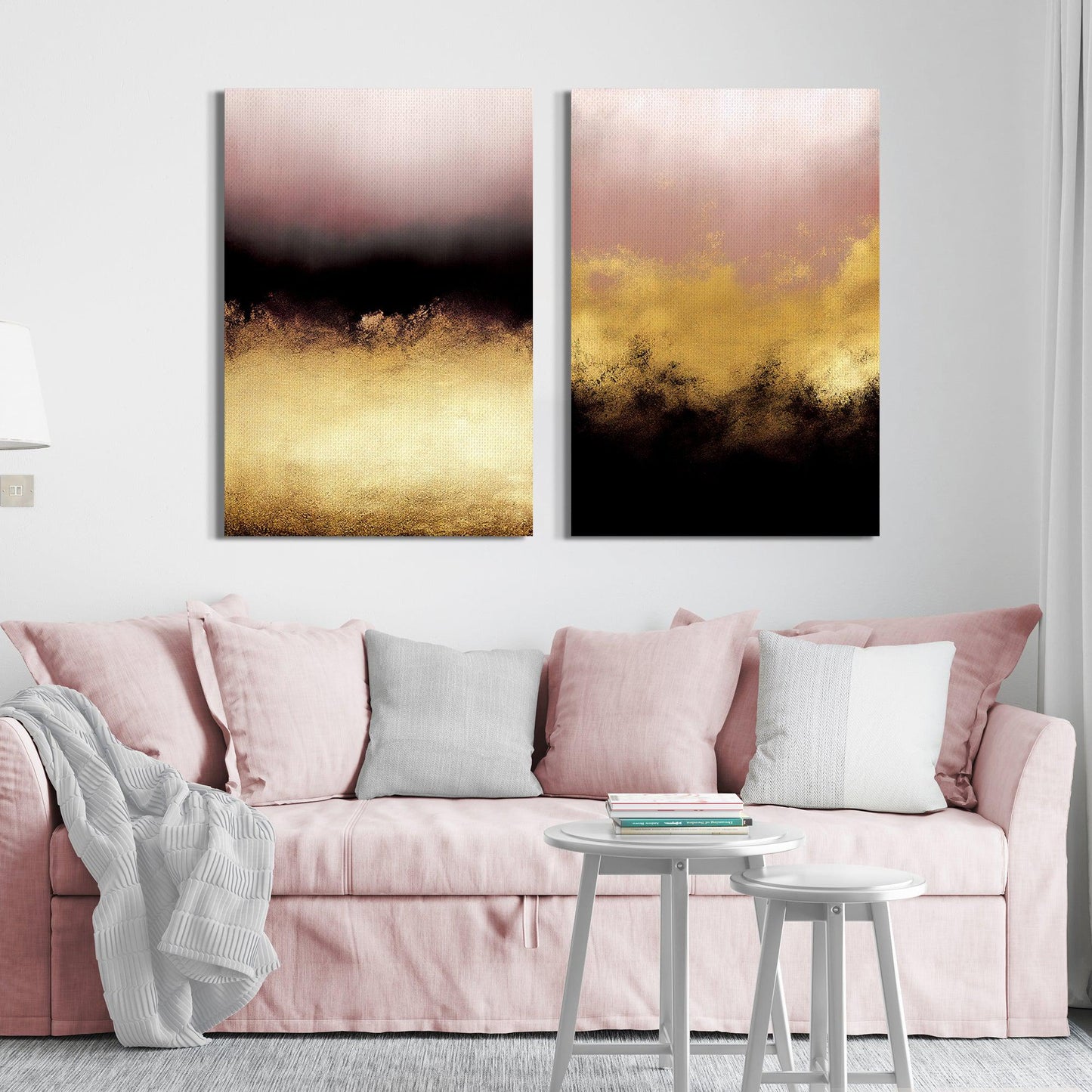 Abstract Canvas Painting Set of 2 - Gold Pink and Black Canvas Paintings-Kotart