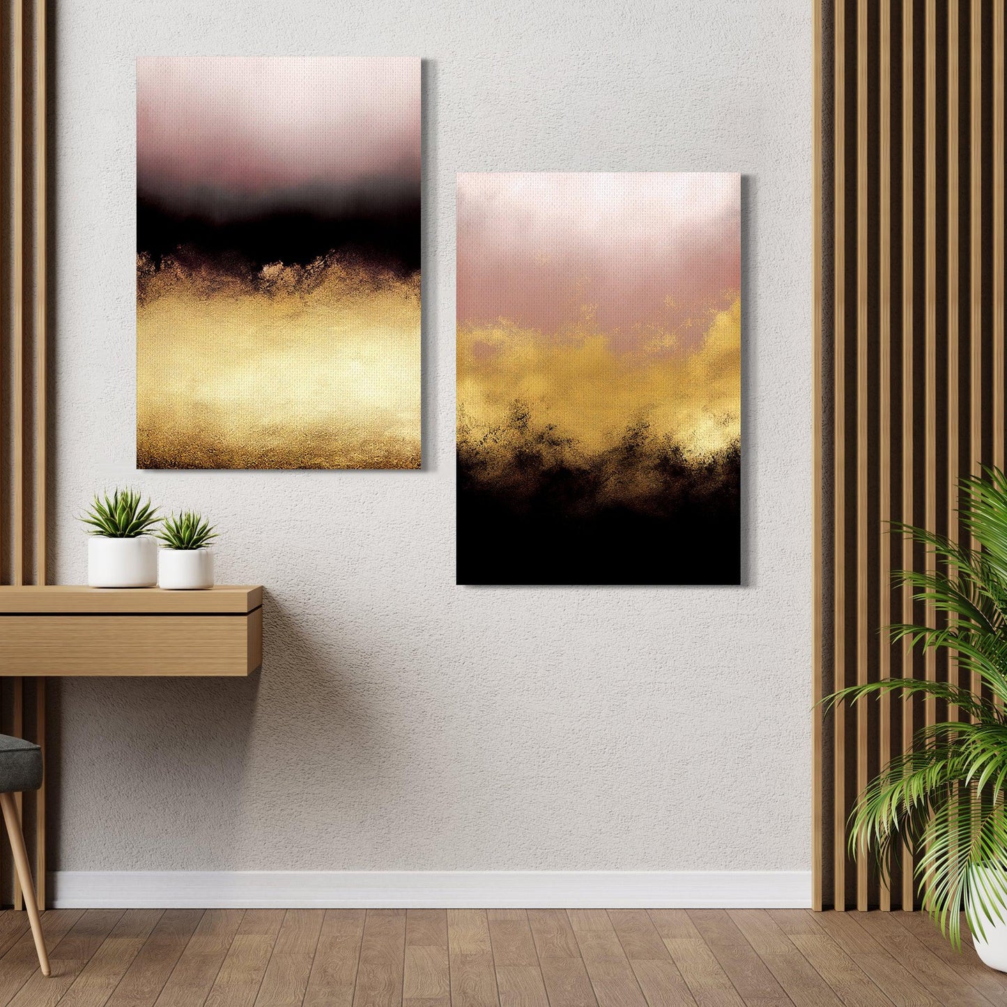 Abstract Canvas Painting Set of 2 - Gold Pink and Black Canvas Paintings-Kotart