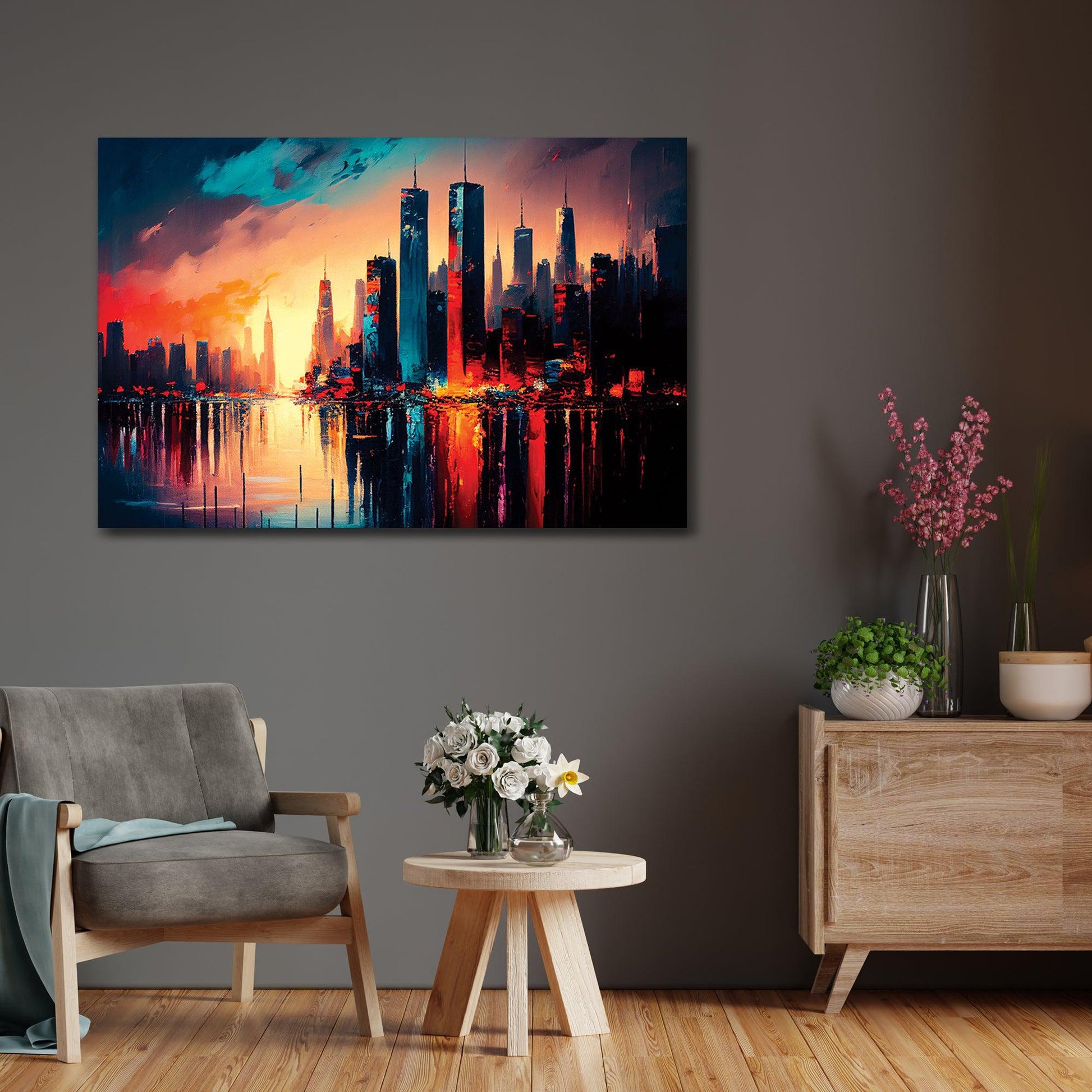Beautiful Sunset in City Large Canvas Painting - Modern Vibrant