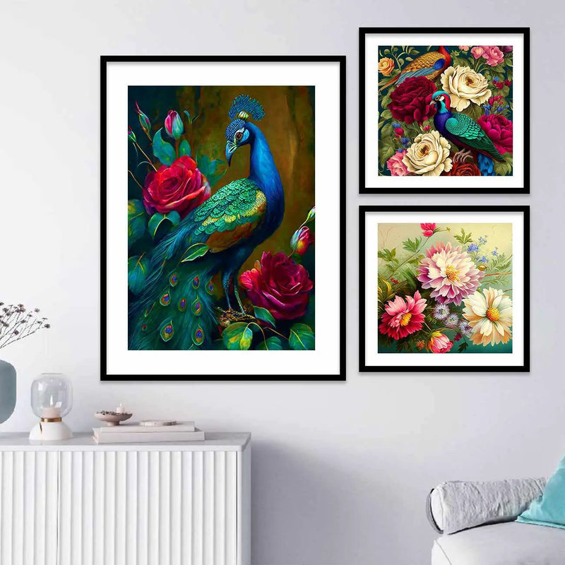 Floral Paintings with Frame for Living Room Wall Decor - Vibrant Peacock Framed Posters-Kotart