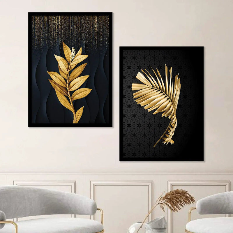 Golden Leafy Magic - Nature Inspired Luxury Golden Wall Frame Set-Kotart