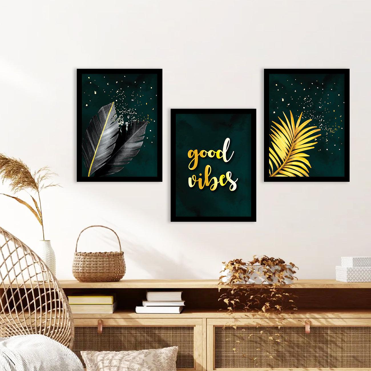 Good Vibes Nature Inspired Golden Leaf Wall Posters for Room Wall Decor : Black and Golden-Kotart