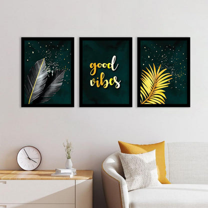 Good Vibes Nature Inspired Golden Leaf Wall Posters for Room Wall Decor : Black and Golden-Kotart